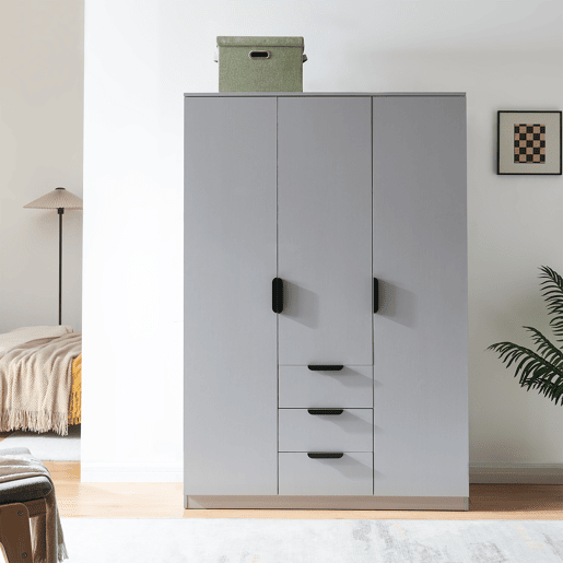 Roupeiro Eiselfing (3 portas 4 compartimentos 3 gavetas) MDF 176x120x52 cm - Cinzento en.casa Roupeiro Eiselfing (3 portas 4 compartimentos 3 gavetas) MDF 176x120x52 cm - Cinzento en.casa