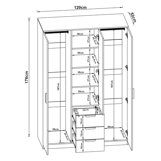 Roupeiro Eiselfing (3 portas 4 compartimentos 3 gavetas) MDF 176x120x52 cm - Cinzento en.casa Roupeiro Eiselfing (3 portas 4 compartimentos 3 gavetas) MDF 176x120x52 cm - Cinzento en.casa