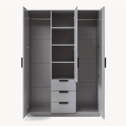 Roupeiro Eiselfing (3 portas 4 compartimentos 3 gavetas) MDF 176x120x52 cm - Cinzento en.casa Roupeiro Eiselfing (3 portas 4 compartimentos 3 gavetas) MDF 176x120x52 cm - Cinzento en.casa