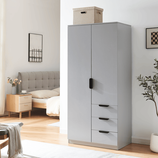 Roupeiro Eiselfing (2 portas 1 bengaleiro 4 compartimentos 3 gavetas) MDF 176x80x52 cm - Cinzento en.casa