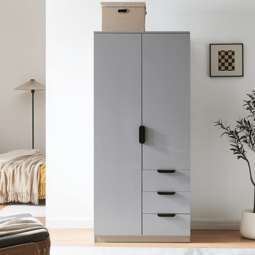 Roupeiro Eiselfing (2 portas 1 bengaleiro 4 compartimentos 3 gavetas) MDF 176x80x52 cm - Cinzento en.casa