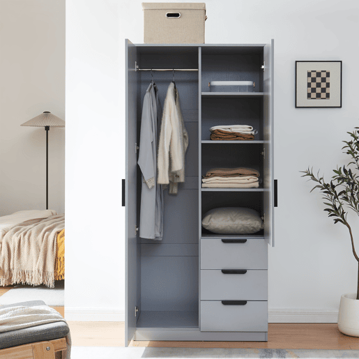 Roupeiro Eiselfing (2 portas 1 bengaleiro 4 compartimentos 3 gavetas) MDF 176x80x52 cm - Cinzento en.casa