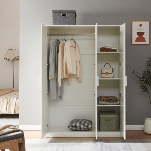 Roupeiro Eiselfing (3 portas 1 bengaleiro 4 compartimentos) MDF 176x120x52 cm - Branco en.casa