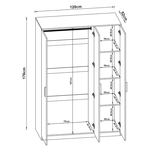 Roupeiro Eiselfing (3 portas 1 bengaleiro 4 compartimentos) MDF 176x120x52 cm - Branco en.casa