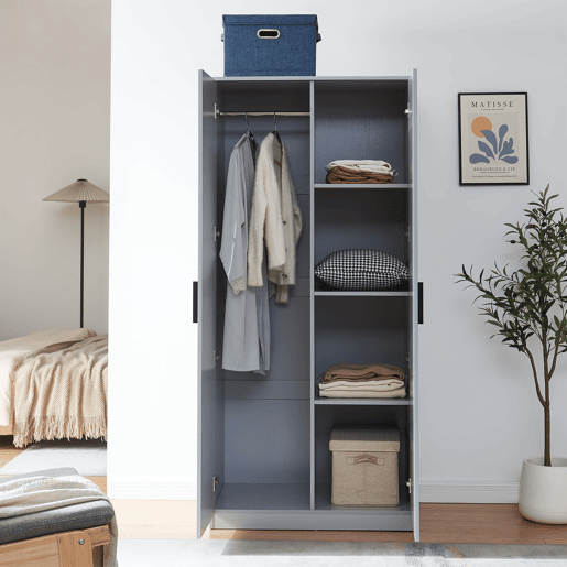 Roupeiro Eiselfing (2 portas 1 bengaleiro 4 compartimentos) MDF 176x80x52cm - Cinzento en.casa