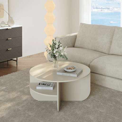 Mesa de centro Reykhon redonda com espaço de arrumação Ø80x41 cm - Cor areia en.casa Mesa de centro Reykhon redonda com espaço de arrumação Ø80x41 cm - Cor areia en.casa