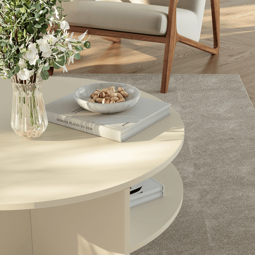 Mesa de centro Reykhon redonda com espaço de arrumação Ø80x41 cm - Cor areia en.casa Mesa de centro Reykhon redonda com espaço de arrumação Ø80x41 cm - Cor areia en.casa