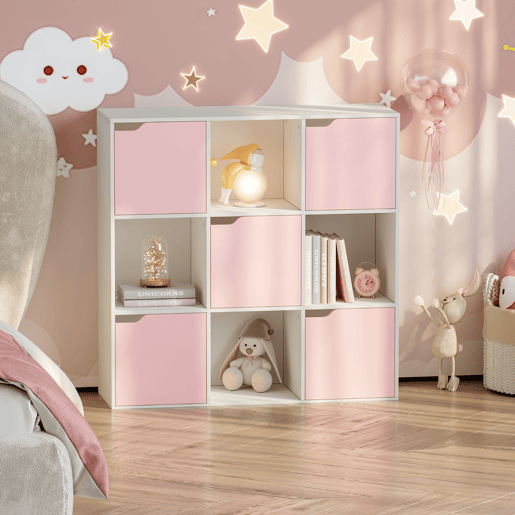 Prateleira para crianças Ljunshund com 9 compartimentos Cubo 90x90x30 cm Branco Rosa en.casa Prateleira para crianças Ljunshund com 9 compartimentos Cubo 90x90x30 cm Branco Rosa en.casa