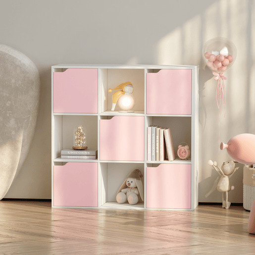 Prateleira para crianças Ljunshund com 9 compartimentos Cubo 90x90x30 cm Branco Rosa en.casa Prateleira para crianças Ljunshund com 9 compartimentos Cubo 90x90x30 cm Branco Rosa en.casa