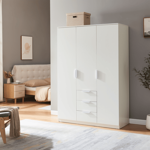 Roupeiro Eiselfing (3 portas 4 compartimentos 3 gavetas) MDF 176x120x52 cm - Branco en.casa