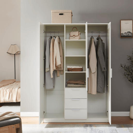 Roupeiro Eiselfing (3 portas 4 compartimentos 3 gavetas) MDF 176x120x52 cm - Branco en.casa