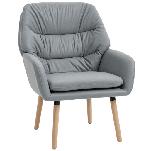 HOMCOM Poltrona de Sala de Estar Moderna Acolchoada de Dupla Camada Estofada em Couro Sintético Pés de Madeira 68x74x89 cm Cinza