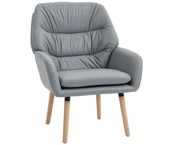 Homcom sillón de salón moderno, butaca de salón, acolchado de doble capa, tapizado en cuero sintético, patas de madera, sillón de lectura para dormitorio, oficina, estudio, 68x74x89 cm, gris