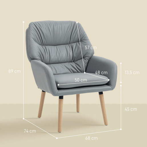 HOMCOM Poltrona de Sala de Estar Moderna Acolchoada de Dupla Camada Estofada em Couro Sintético Pés de Madeira 68x74x89 cm Cinza