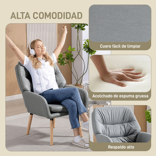 HOMCOM Poltrona de Sala de Estar Moderna Acolchoada de Dupla Camada Estofada em Couro Sintético Pés de Madeira 68x74x89 cm Cinza
