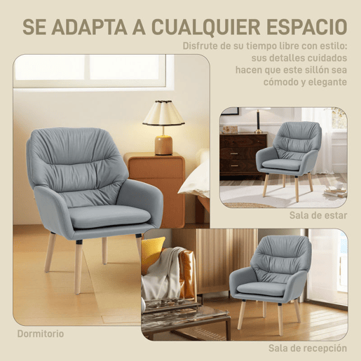 HOMCOM Poltrona de Sala de Estar Moderna Acolchoada de Dupla Camada Estofada em Couro Sintético Pés de Madeira 68x74x89 cm Cinza
