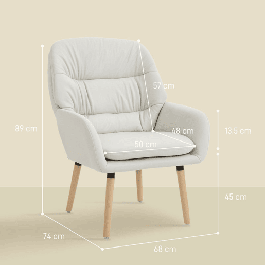 HOMCOM Poltrona de Sala de Estar Moderna Acolchoada de Dupla Camada Estofada em Couro Sintético Pés de Madeira 68x74x89 cm Creme