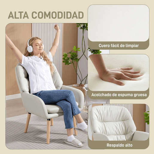 HOMCOM Poltrona de Sala de Estar Moderna Acolchoada de Dupla Camada Estofada em Couro Sintético Pés de Madeira 68x74x89 cm Creme