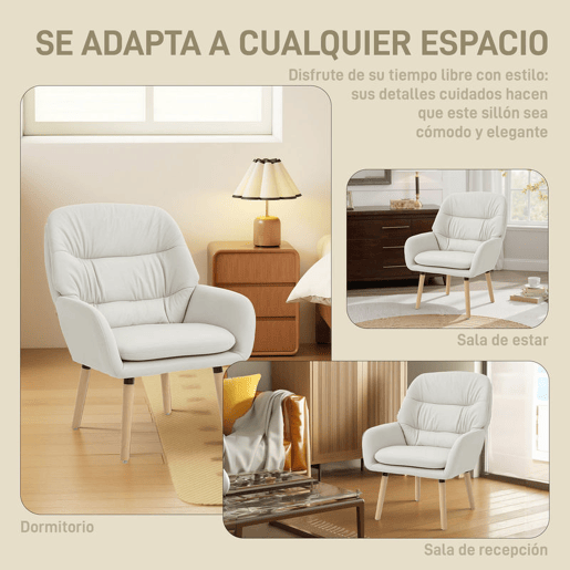 HOMCOM Poltrona de Sala de Estar Moderna Acolchoada de Dupla Camada Estofada em Couro Sintético Pés de Madeira 68x74x89 cm Creme