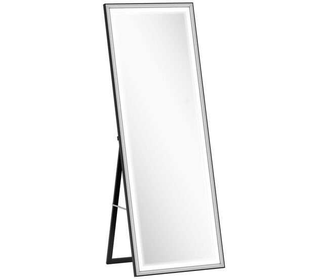 Homcom espejo de pie cuerpo entero con luces, 165x60 cm, espejo de cuerpo entero, 3 temperaturas de color, brillo ajustable, independiente, apoyado y