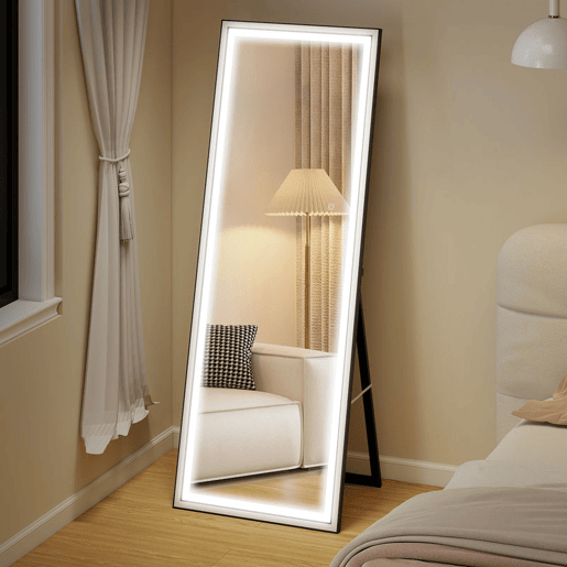 HOMCOM Espelho de Pé Espelho de Corpo Inteiro com Luzes 165x60 cm 3 Temperaturas de Cor Brilho Ajustável Independente ou de Parede para Quarto e Sala Branco e Preto