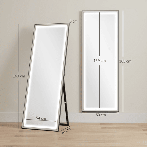 HOMCOM Espelho de Pé Espelho de Corpo Inteiro com Luzes 165x60 cm 3 Temperaturas de Cor Brilho Ajustável Independente ou de Parede para Quarto e Sala Branco e Preto