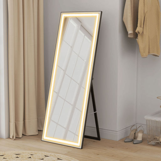 HOMCOM Espelho de Pé Espelho de Corpo Inteiro com Luzes 165x60 cm 3 Temperaturas de Cor Brilho Ajustável Independente ou de Parede para Quarto e Sala Branco e Preto