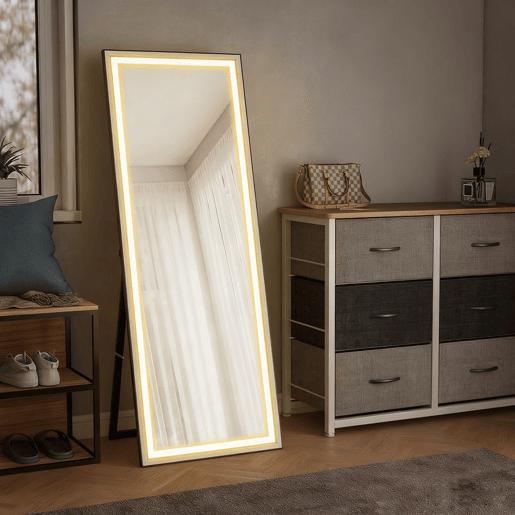 HOMCOM Espelho de Pé Espelho de Corpo Inteiro com Luzes 165x60 cm 3 Temperaturas de Cor Brilho Ajustável Independente ou de Parede para Quarto e Sala Branco e Preto