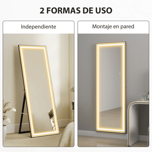 HOMCOM Espelho de Pé Espelho de Corpo Inteiro com Luzes 165x60 cm 3 Temperaturas de Cor Brilho Ajustável Independente ou de Parede para Quarto e Sala Branco e Preto