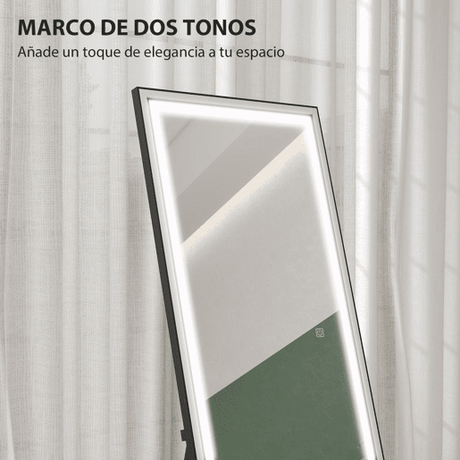 HOMCOM Espelho de Pé Espelho de Corpo Inteiro com Luzes 165x60 cm 3 Temperaturas de Cor Brilho Ajustável Independente ou de Parede para Quarto e Sala Branco e Preto