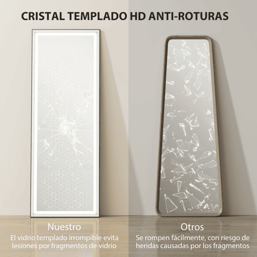 HOMCOM Espelho de Pé Espelho de Corpo Inteiro com Luzes 165x60 cm 3 Temperaturas de Cor Brilho Ajustável Independente ou de Parede para Quarto e Sala Branco e Preto