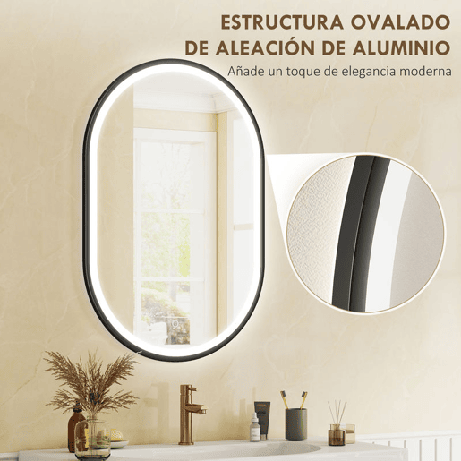 HOMCOM Espelho de Casa de Banho com Luz 60x90 cm Espelho de Parede Oval 3 Cores de Luz Brilho Regulável Função Antiembaçiamento Memória Interruptor Tátil Moldura de Alumínio IP44 Preto HOMCOM Espelho de Casa de Banho com Luz 60x90 cm Espelho de Parede Oval 3 Cores de Luz Brilho Regulável Função Antiembaçiamento Memória Interruptor Tátil Moldura de Alumínio IP44 Preto