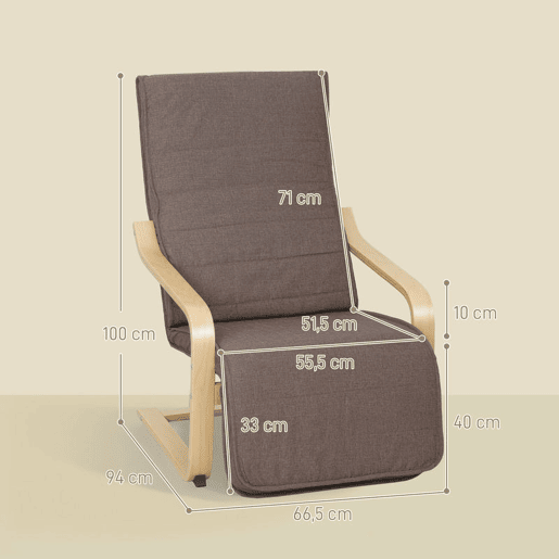 HOMCOM Poltrona de Sala de Estar com Apoio para os Pés Ajustáveis Poltrona para Dormitório Estofada em Tecido com Estrutura de Madeira Carga 120 kg para Escritório Estúdio 66,5x94x100 cm Marrom