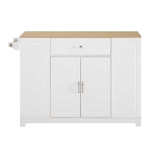 Ilha de cozinha com rodas - mesa extensível, gavetas multifuncionais e caixote do lixo - branco