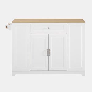 Ilha de cozinha com rodas - mesa extensível, gavetas multifuncionais e caixote do lixo - branco