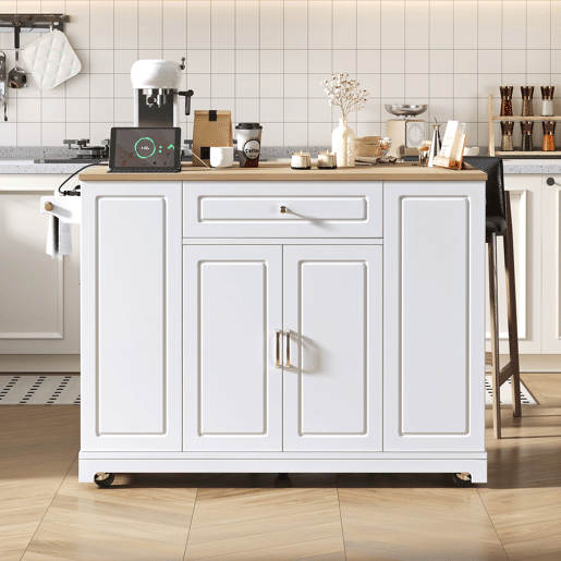 Ilha de cozinha com rodas - mesa extensível, gavetas multifuncionais e caixote do lixo - branco