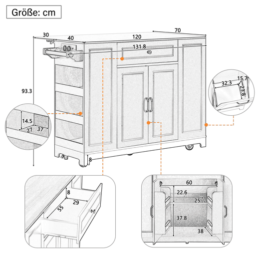 Ilha de cozinha com rodas - mesa extensível, gavetas multifuncionais e caixote do lixo - branco