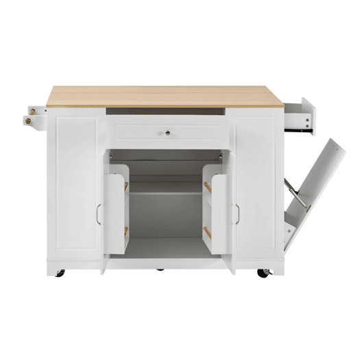Ilha de cozinha com rodas - mesa extensível, gavetas multifuncionais e caixote do lixo - branco