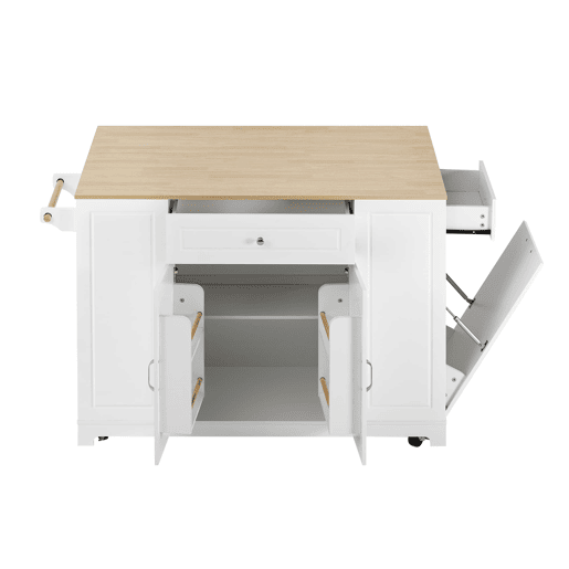 Ilha de cozinha com rodas - mesa extensível, gavetas multifuncionais e caixote do lixo - branco