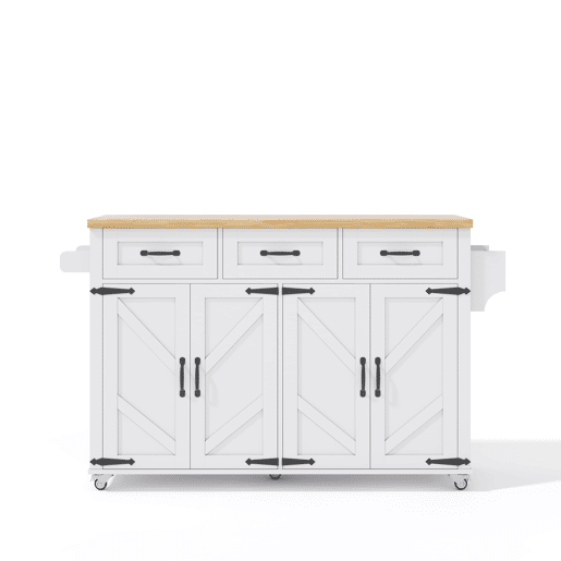 Ilha de cozinha 140x43(70)x90,5 cm - com 5 rodas bloqueáveis, 4 portas, 3 gavetas, design estilo celeiro - Branco e Natural