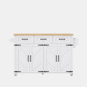 Ilha de cozinha 140x43(70)x90,5 cm - com 5 rodas bloqueáveis, 4 portas, 3 gavetas, design estilo celeiro - Branco e Natural