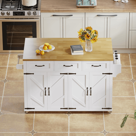 Ilha de cozinha 140x43(70)x90,5 cm - com 5 rodas bloqueáveis, 4 portas, 3 gavetas, design estilo celeiro - Branco e Natural