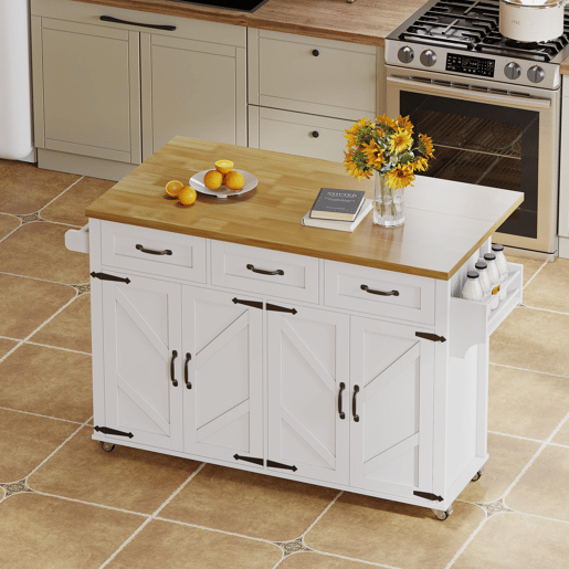 Ilha de cozinha 140x43(70)x90,5 cm - com 5 rodas bloqueáveis, 4 portas, 3 gavetas, design estilo celeiro - Branco e Natural