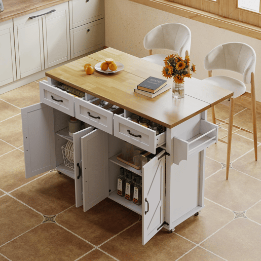 Ilha de cozinha 140x43(70)x90,5 cm - com 5 rodas bloqueáveis, 4 portas, 3 gavetas, design estilo celeiro - Branco e Natural