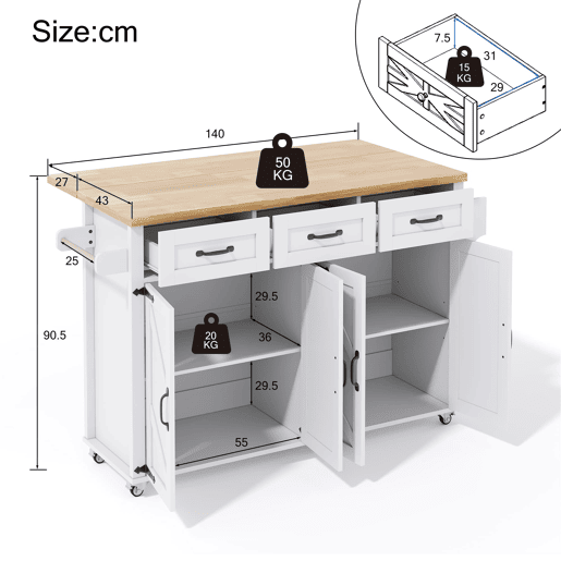 Ilha de cozinha 140x43(70)x90,5 cm - com 5 rodas bloqueáveis, 4 portas, 3 gavetas, design estilo celeiro - Branco e Natural