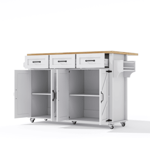 Ilha de cozinha 140x43(70)x90,5 cm - com 5 rodas bloqueáveis, 4 portas, 3 gavetas, design estilo celeiro - Branco e Natural
