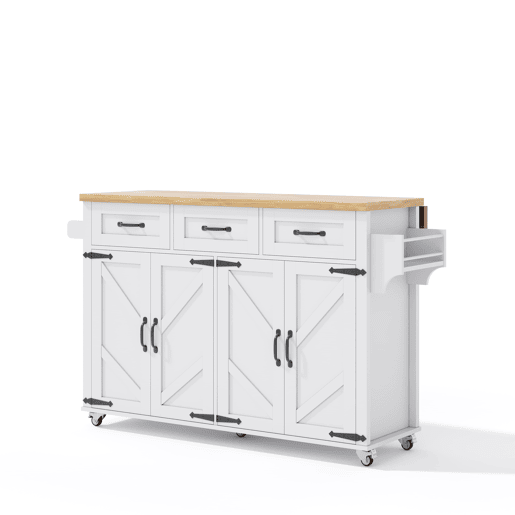 Ilha de cozinha 140x43(70)x90,5 cm - com 5 rodas bloqueáveis, 4 portas, 3 gavetas, design estilo celeiro - Branco e Natural