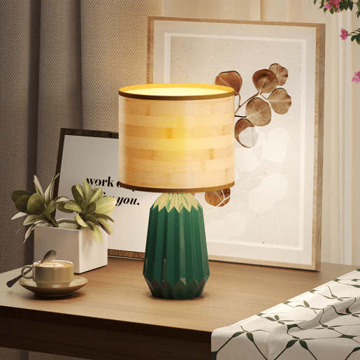 HOMCOM Candeeiro de Mesa com Base de Cerâmica e Ecrã de Linho Estilo Retro com Interruptor para Quarto Sala E27 40W Verde e Madeira