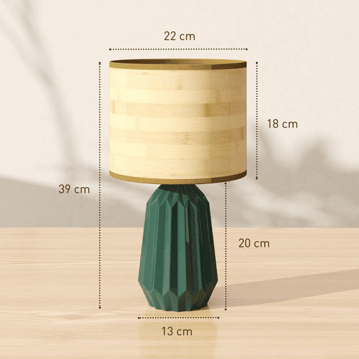HOMCOM Candeeiro de Mesa com Base de Cerâmica e Ecrã de Linho Estilo Retro com Interruptor para Quarto Sala E27 40W Verde e Madeira