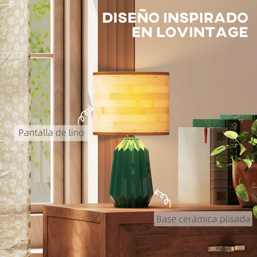 HOMCOM Candeeiro de Mesa com Base de Cerâmica e Ecrã de Linho Estilo Retro com Interruptor para Quarto Sala E27 40W Verde e Madeira